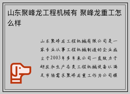 山东聚峰龙工程机械有 聚峰龙重工怎么样